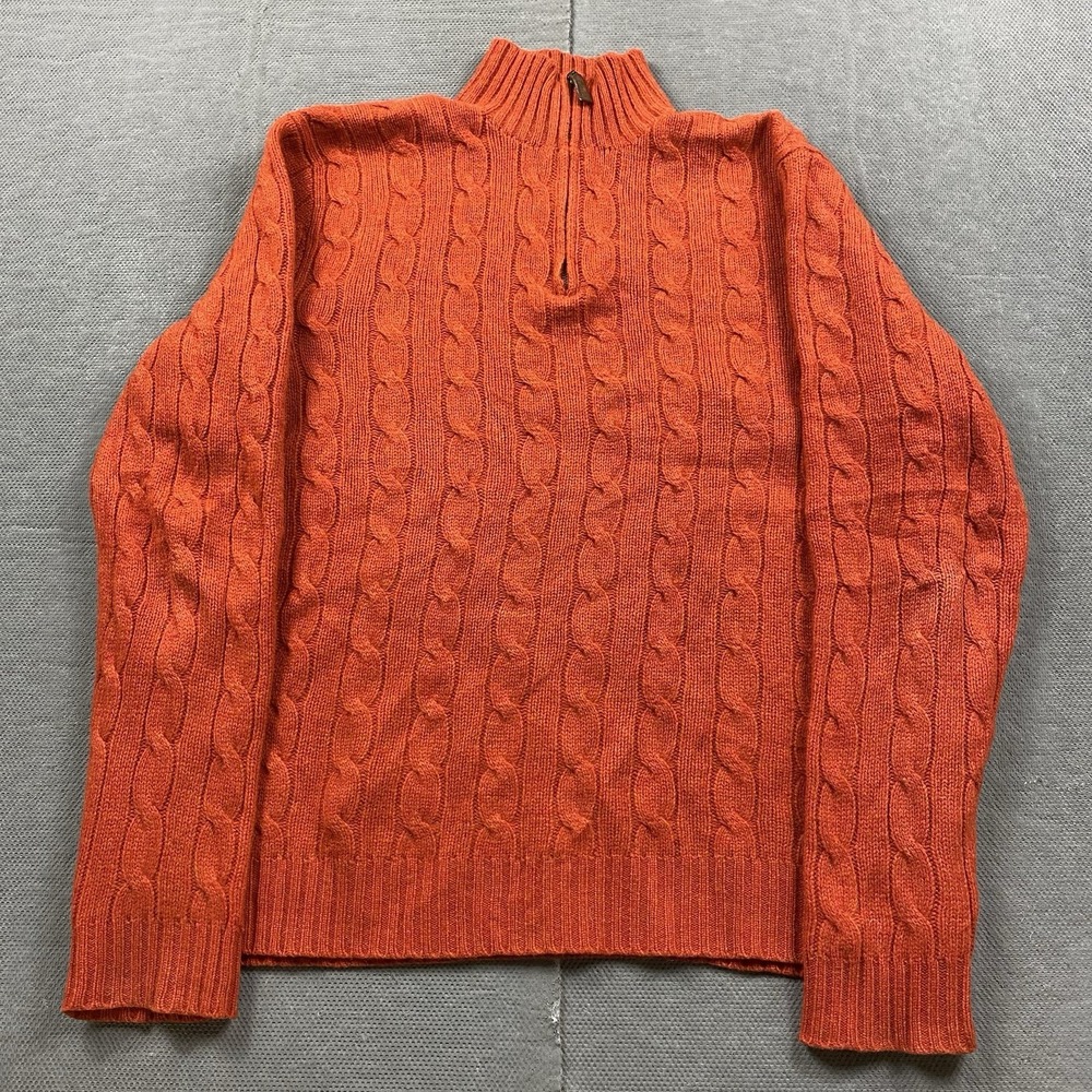 Polo Ralph Lauren Sweater Mens Large Orange 1/4 Zip Pullover Cable Knit Wool